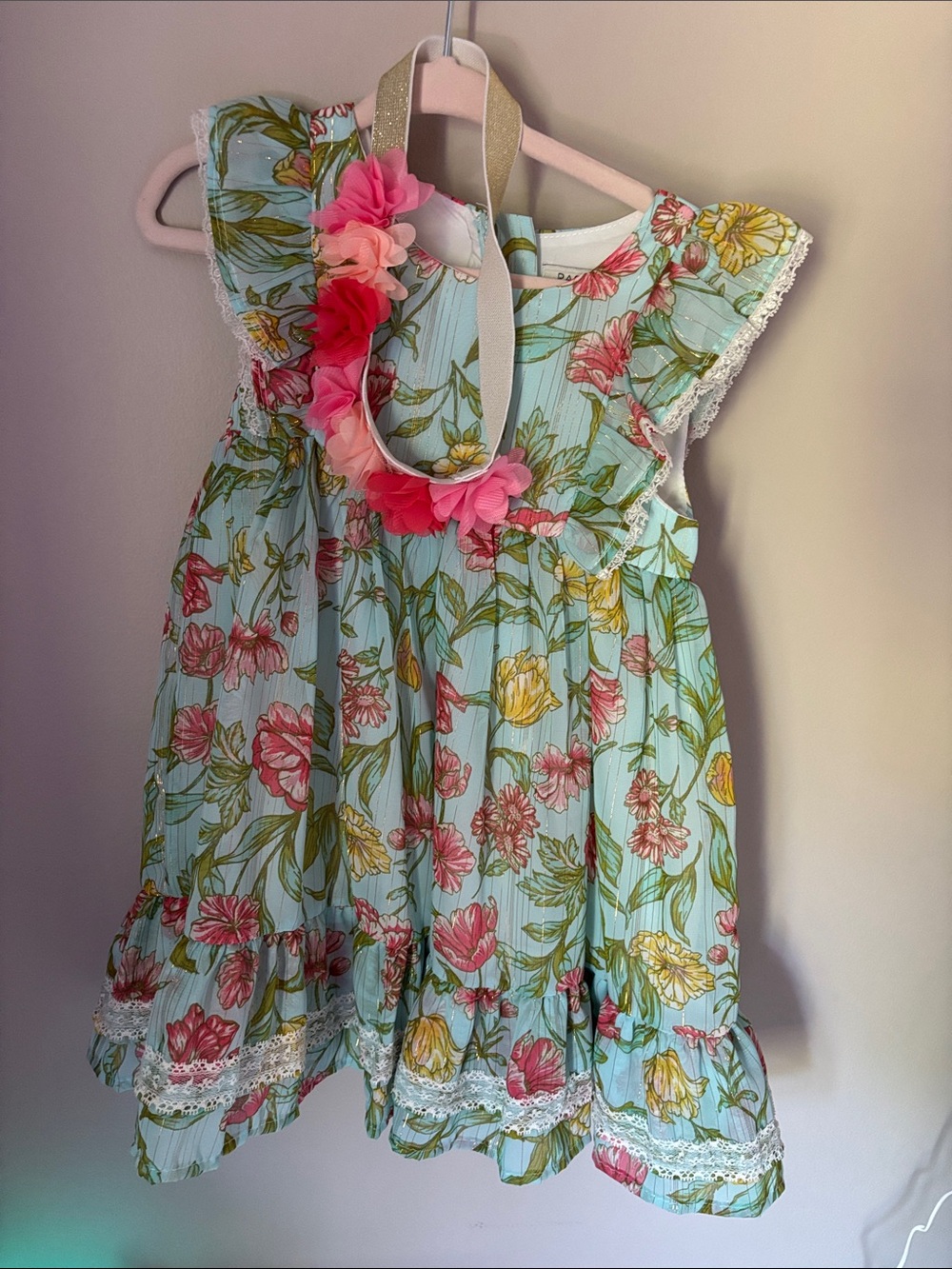 Rachel Zoe Light Blue Floral Ruffle Dress with Pink & Yellow Blooms